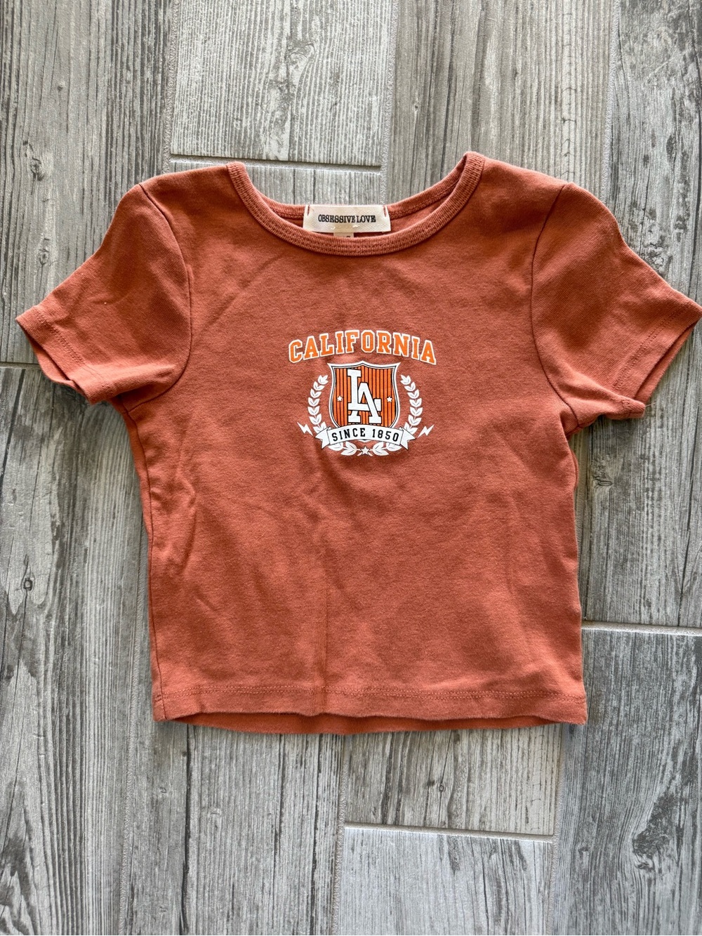 Obsessive Love crop top Womens Brown LA California Crest Graphic - size XS
